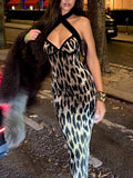 Leopard Print Cross-neck Backless And Figure-hugging Maxi Dresses