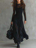 Black Long-sleeved Mesh-paneled Maxi Dress
