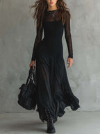 Black Long-sleeved Mesh-paneled Maxi Dress
