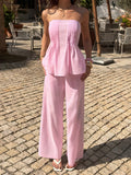 Pink Vacation-style Strapless Top And Trousers Two-piece Set
