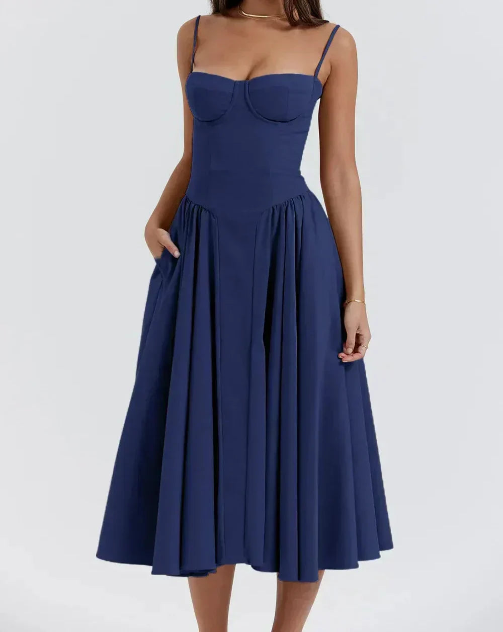 Corset Bodice Basque Waist Pleated A-Line Midi Dress