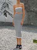 Strapless Ribbed Knit Striped Faux Two Piece Cutout Midi Dress