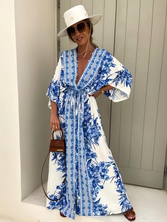 V-neck Short-sleeved Printed Maxi Dress