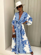 V-neck Short-sleeved Printed Maxi Dress