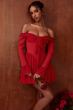 Off Shoulder Bow Front Corset Panel Ruffle Cuff Mini Dress