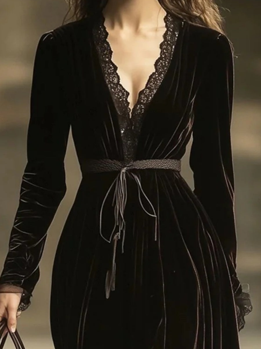 Retro Velvet Lace Stitching Maxi Dresses