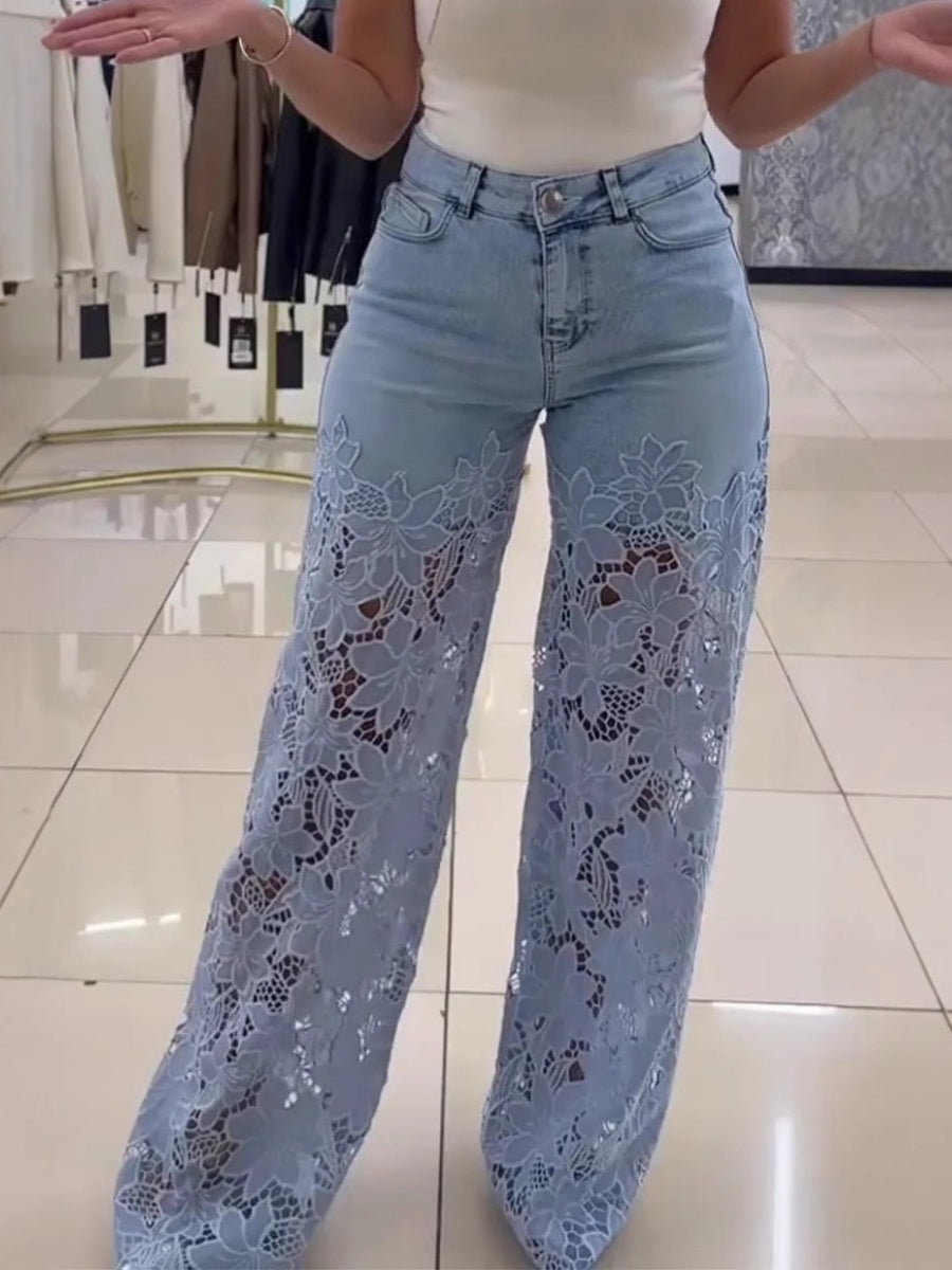 High-waisted Wide-leg Pants Openwork Lace Patchwork Jeans