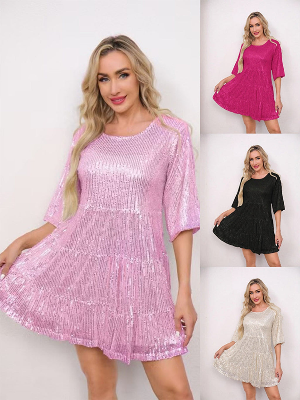 Sequins Pleated Multi-story Crew Neck Short Sleeve Mini&Short Dresses