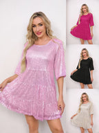 Sequins Pleated Multi-story Crew Neck Short Sleeve Mini&Short Dresses