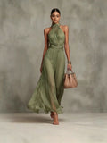 Halter Neck Solid Color Chiffon Vacation Style Waist-cinching Pleated Long Dress