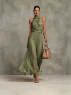 Halter Neck Solid Color Chiffon Vacation Style Waist-cinching Pleated Long Dress