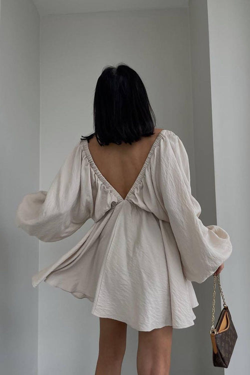 Crinkle Texture Deep V-Neck Puff Sleeve Babydoll Mini Dress