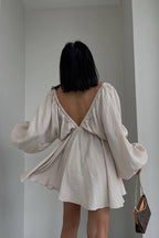 Crinkle Texture Deep V-Neck Puff Sleeve Babydoll Mini Dress