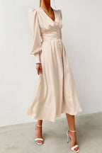 Deep V-Neck Bishop Sleeve Button Front Smocked Waist Midi Dress
