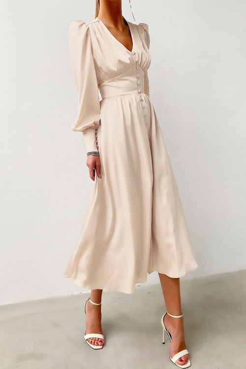 Deep V-Neck Bishop Sleeve Button Front Smocked Waist Midi Dress