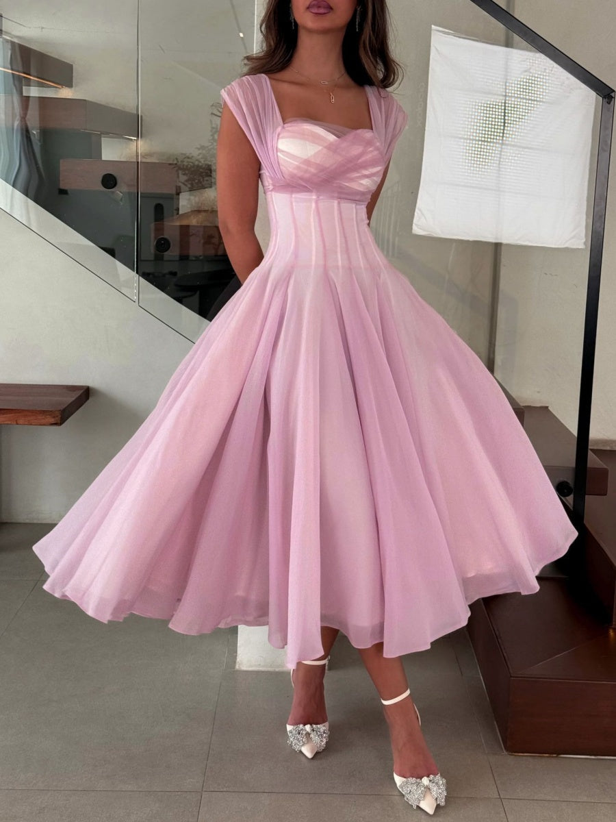 Mesh Splicing Waist Big Swing Maxi Dresses