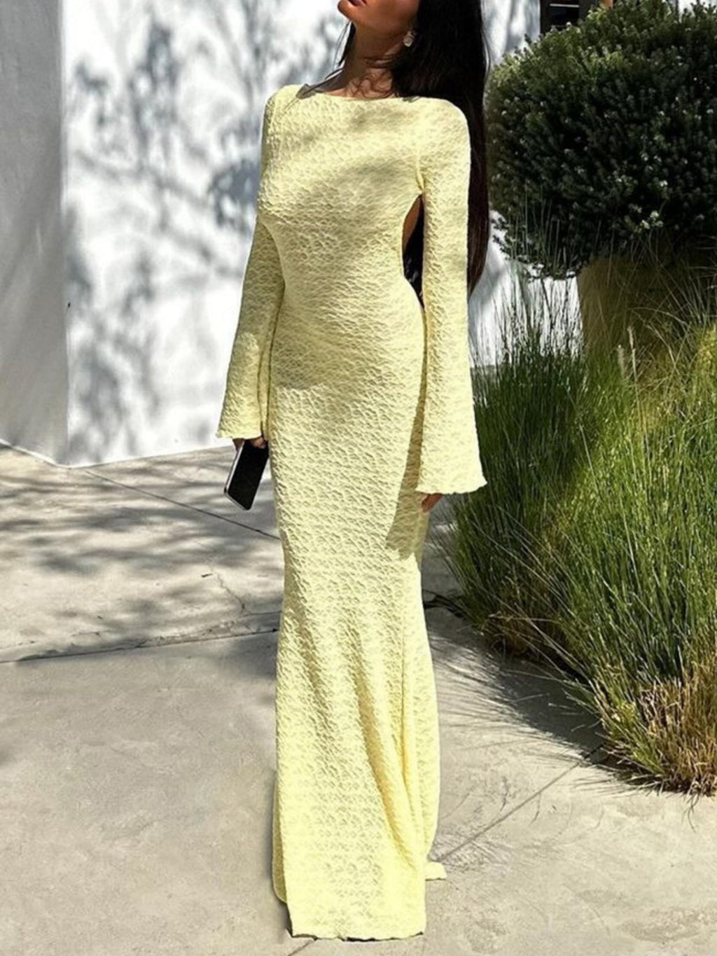 Backless Tie Crew Neck  Flare Sleeve Maxi Dresses