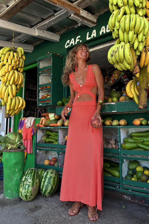 Tie Dye Print Plunging V-Neck Waist Cut Out Side Slit Maxi Dress