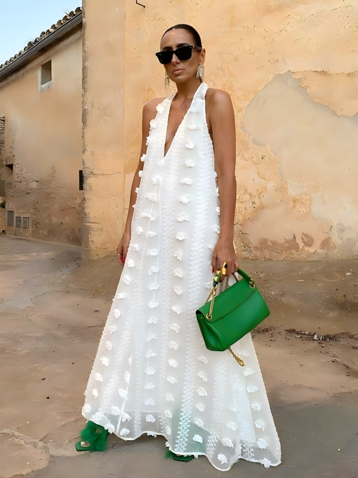 Halter-neck V-neck Long Dress With Flowing Ribbons