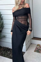 Off Shoulder Long Sleeves Mesh Splice Maxi Dress