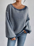 Stripes Off-the-shoulder Neckline Color Matching Knitted Sweater