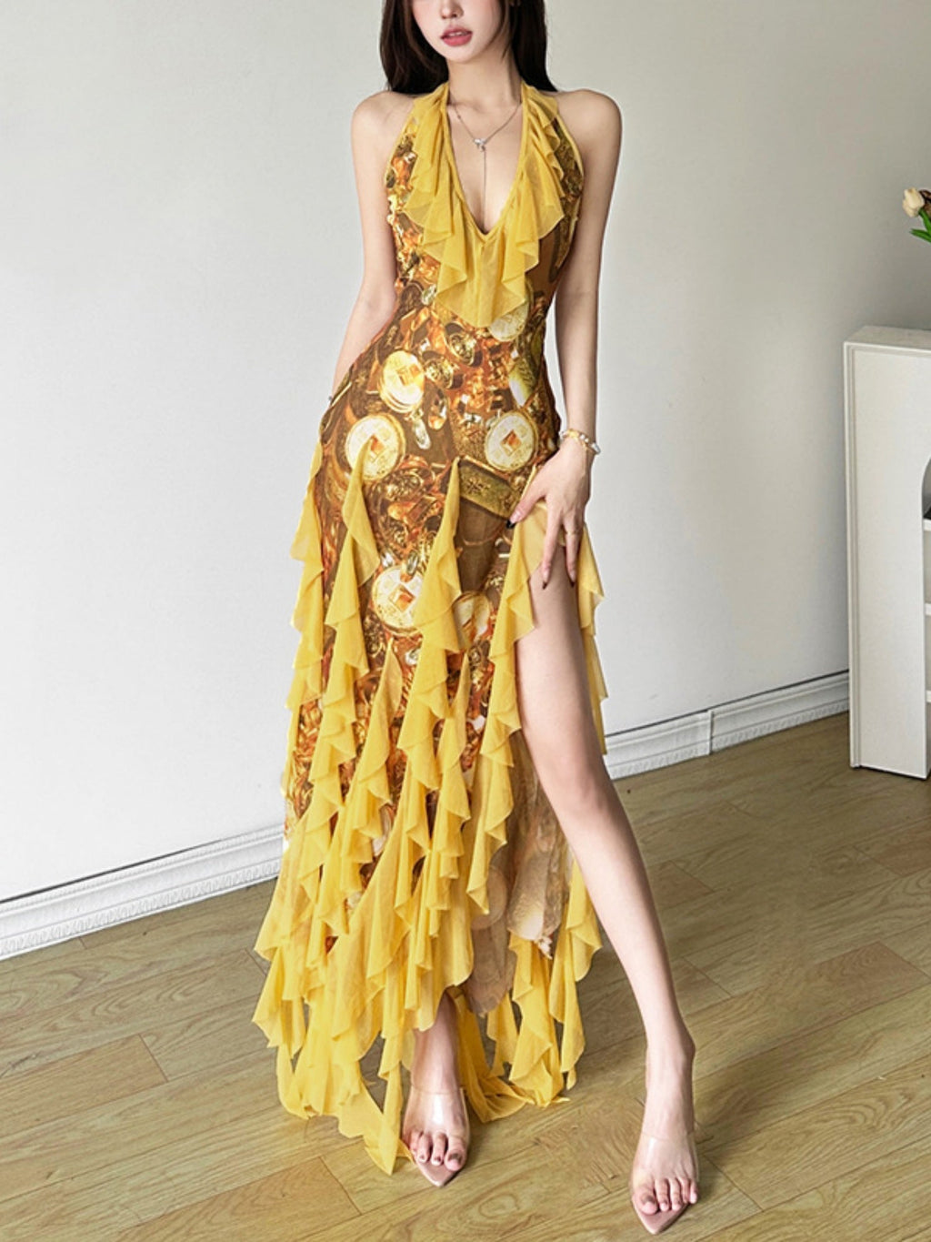 Printed Ruffle Deep V-neck Backless Maxi Dresses