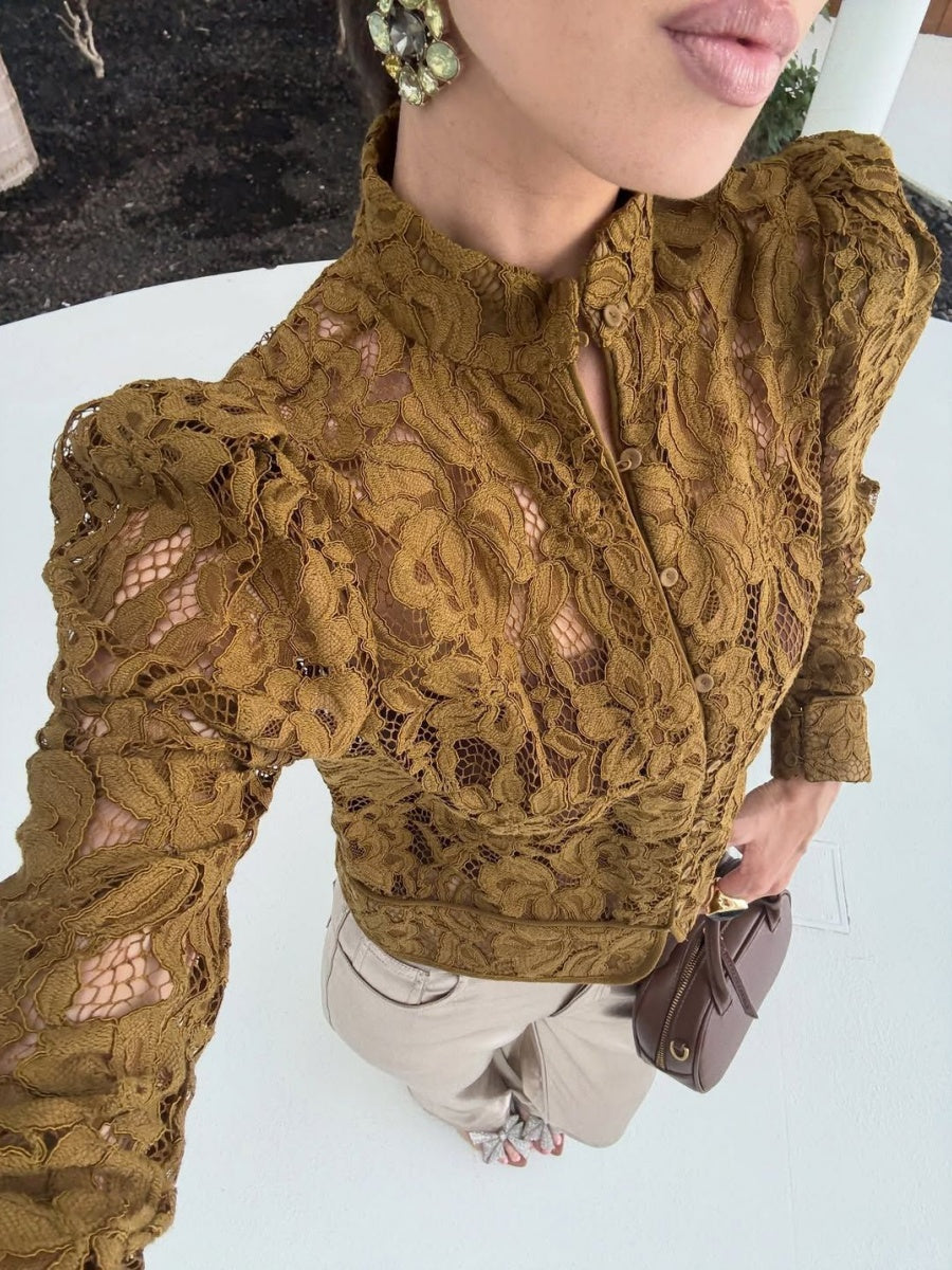 Applique Lace Stand Collar Cardigan Hollow Vacation Shirts