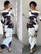 Milk Silk Printed Off-the-shoulder Long Dress