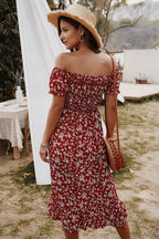 Off Shoulder Smocked Bodice Puff Sleeve Ruffle Hem Floral Midi Dress
