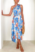 One Shoulder Twist Front Printed Irregular Dress