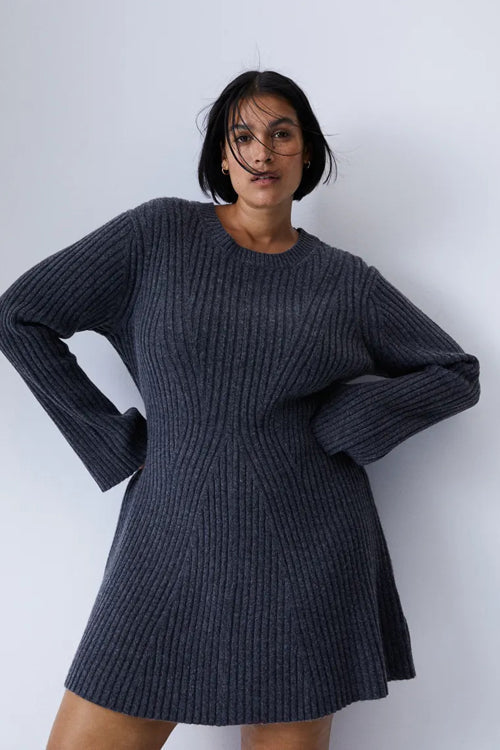 Long Sleeve Ribbed Knit Slit Cuff Bodycon Mini Dress