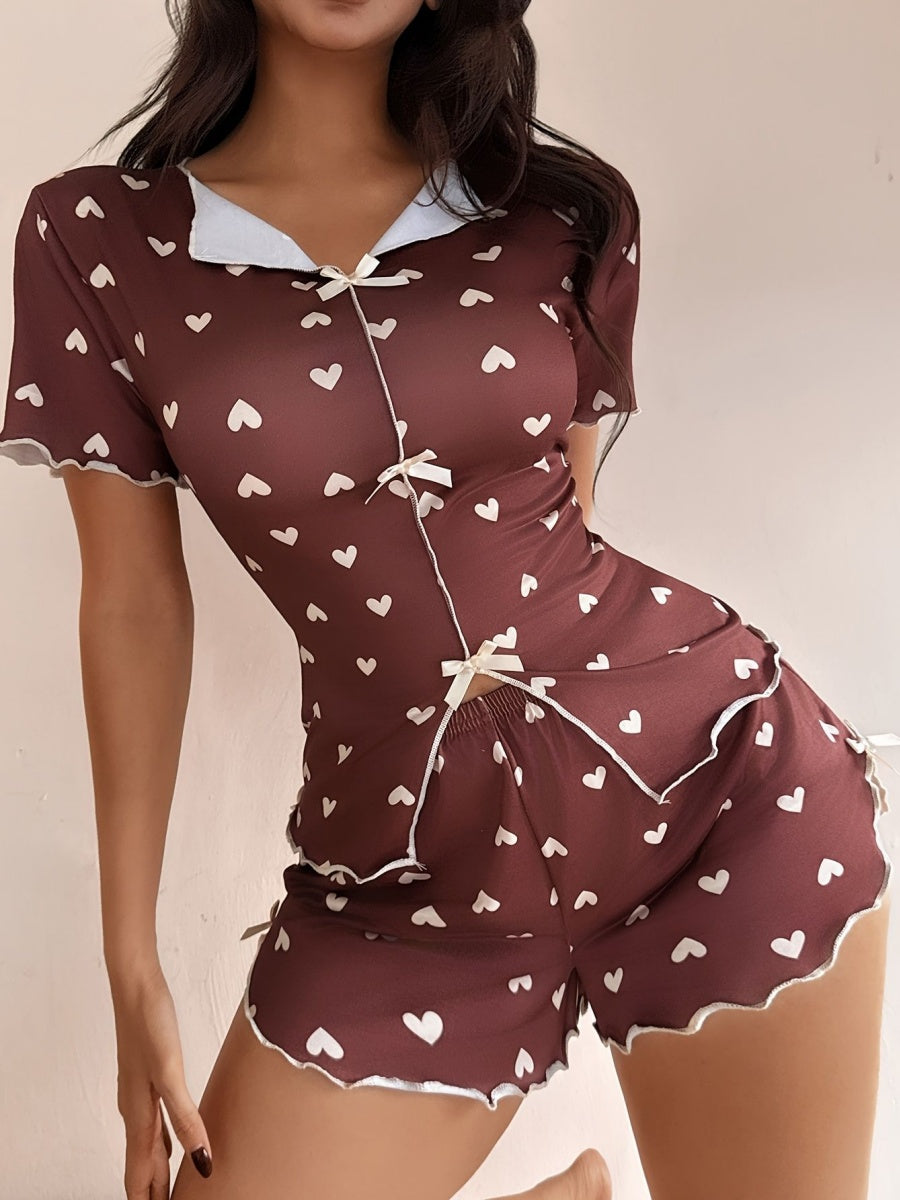 Heart-print Collared Short-sleeved Shirt And Shorts With Bow Tie - A Loungewear Set That Can Be Worn As Outerwear.