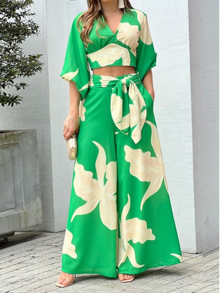 Floral Print Resort-style High-waisted Two-piece Set