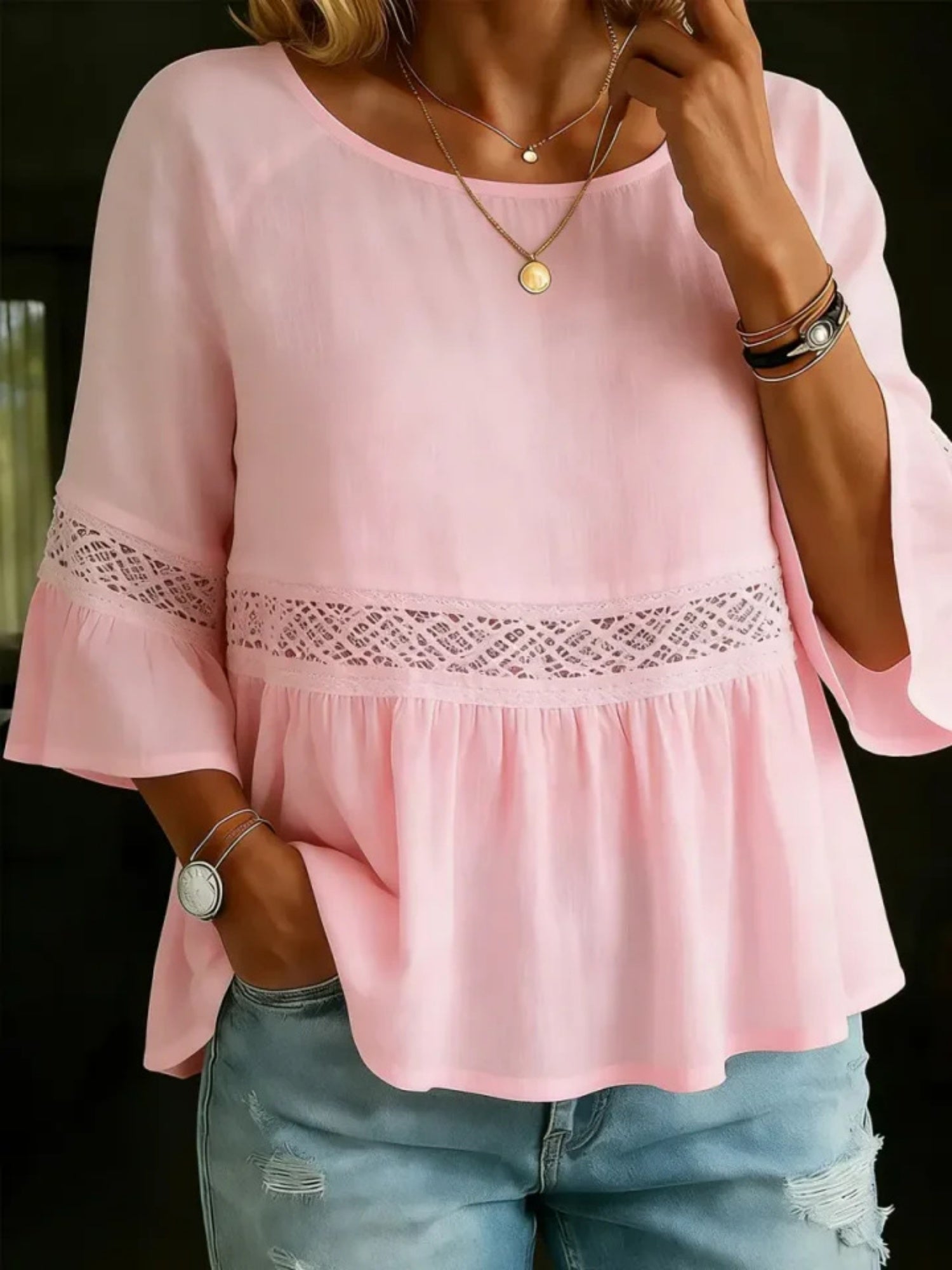 Lace Patchwork Cotton And Linen Round Neck, Three-quarter Sleeves T-shirts