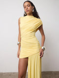 Pleated Ribbon Round Neck Sleeveless Mini&Short Dresses