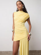 Pleated Ribbon Round Neck Sleeveless Mini&Short Dresses
