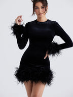 Black Furry Cuffs And Hem Velvet Mini&Short Dresses