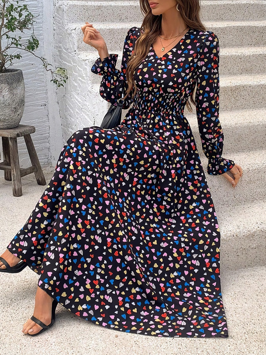 Floral Long Sleeve Square Collar Vacation And Leisure Maxi Dresses