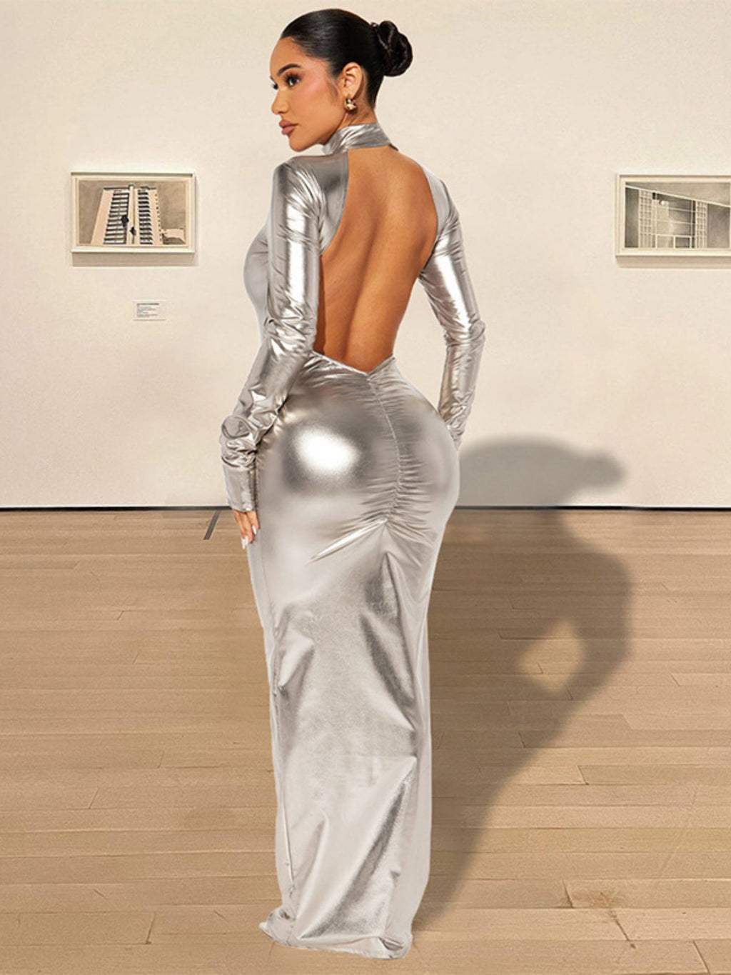 Metallic Gloss Exposed Backpack Buttocks Long Sleeves Maxi Dresses