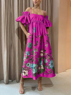 Marigold Printed Gathered Sleeve Pocketed A - Line Midi Dress