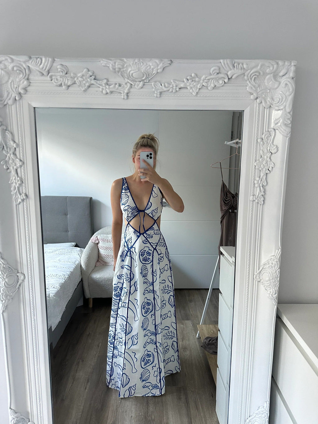 Nautical Print Tie Front Cut Out Side Panel Maxi Dress