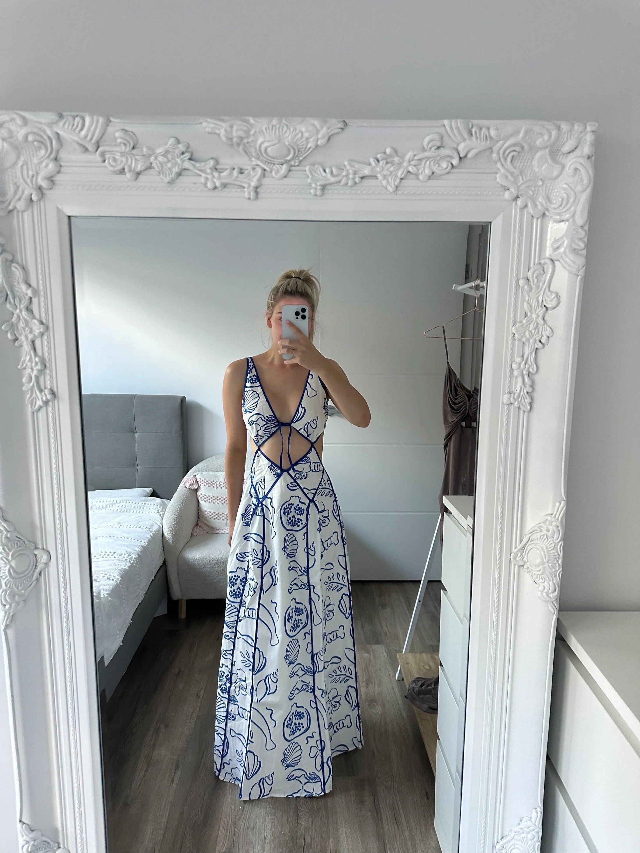 Nautical Print Tie Front Cut Out Side Panel Maxi Dress