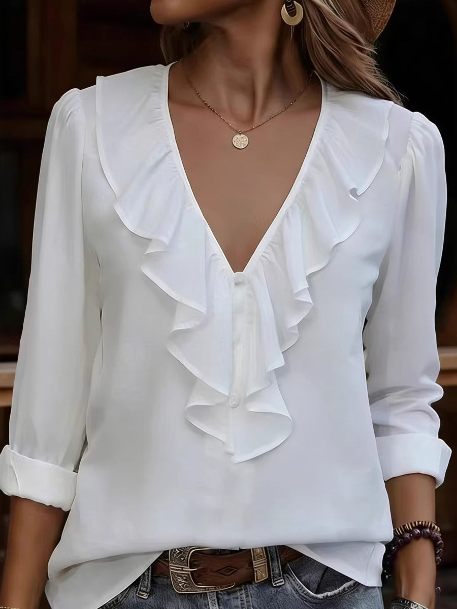 V-neck Pleated Ruffle Chiffon Blouse