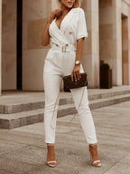 Short-sleeved, High-waisted, Belted Jumpsuit For Professional Commuting