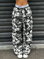 Camouflage Elastic Waistband Lace Up Pants