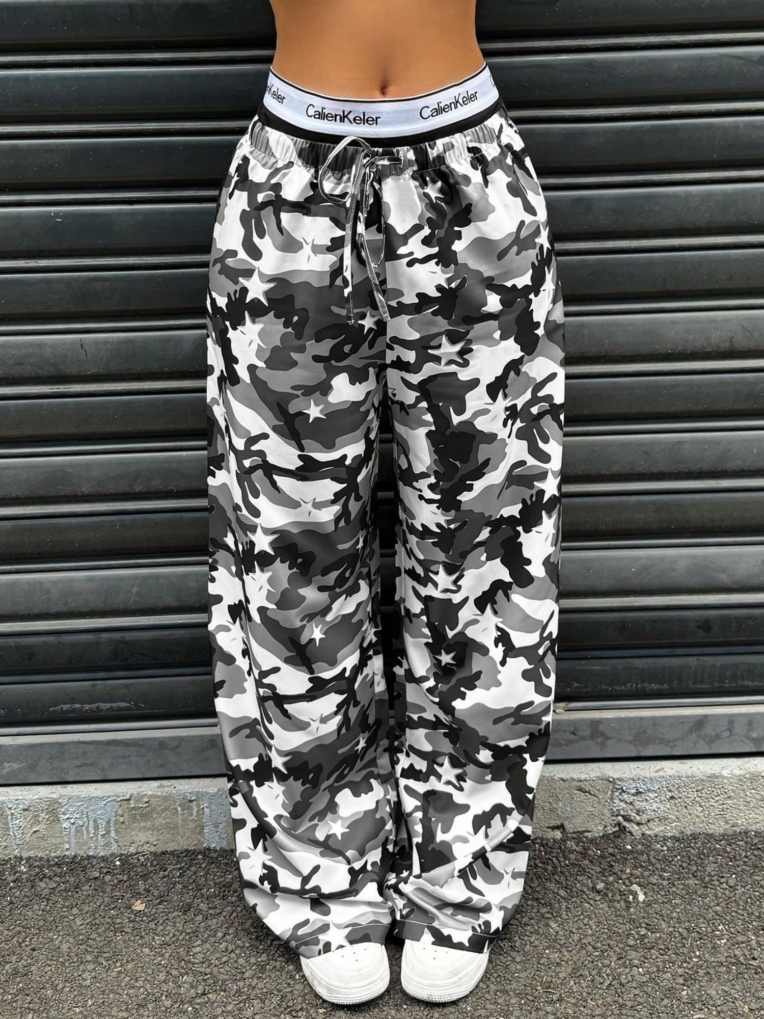 Camouflage Elastic Waistband Lace Up Pants
