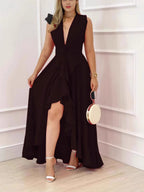 V-neck V-neck Irregular Hem High Waist Slit Temperament Maxi Dresses
