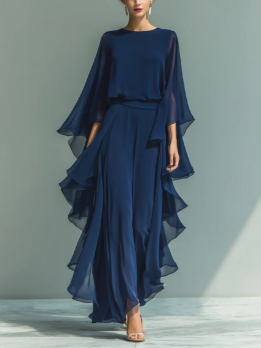 Dark Blue Ruffled Wide-leg Pants And Long-sleeved Top Two-piece Set