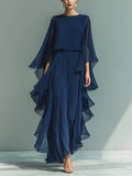 Dark Blue Ruffled Wide-leg Pants And Long-sleeved Top Two-piece Set