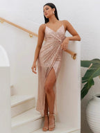 V-neck Slit Sequins Camisoles Banquet Formal Dress Maxi Dresses